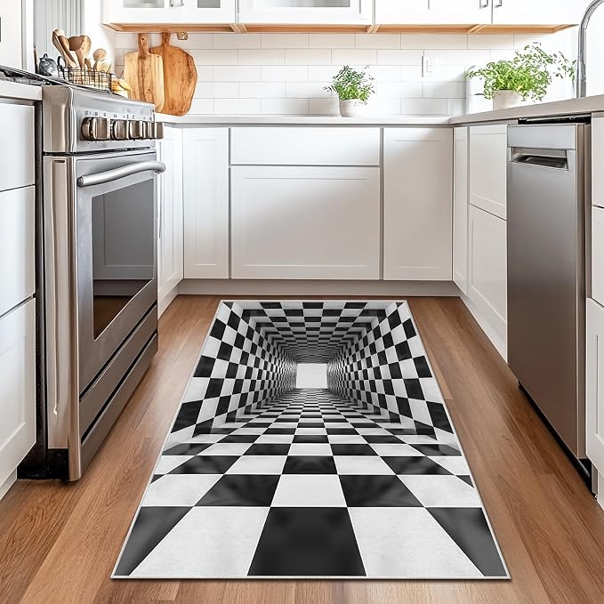 Boho Area Rug for Living Room Abstract 3x5 Entryway Rug Modern 3D Hole Trap Optical Visual Illusion Rugs Non Slip Low Pile Machine Washable Black White Floor Carpet for Indoor Bedroom Dining Room