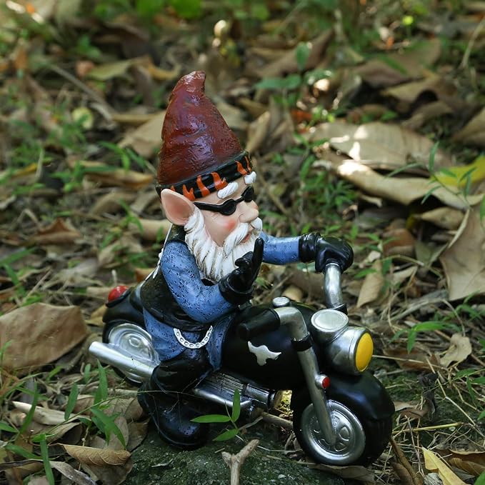 Garden Gnome Riding Motorcycle Funny Outdoor Gnome Decoration Indoor Outdoor Lawn Figurines for Home Yard Décor, Small