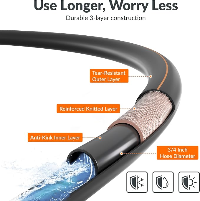 Giraffe Tools Garden Hose 12ft x 3/4", Heavy Duty Water Hose, Flexible, Hybrid Lightweight Hose, Male to Female Fittings, Burst 600 PSI