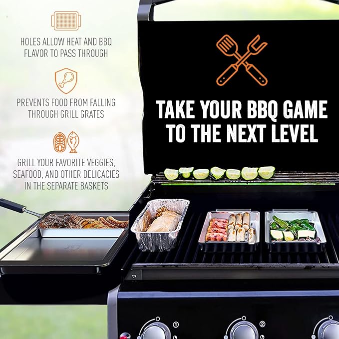 Yukon Glory BBQ 'N SERVE Grill Basket Set — 3 Commercial-Grade Stainless Steel Baskets, Clip-On Handle & Patented Grill-to-Table Design, RUST-PROOF, Dishwasher Safe, for Fish, Vegetables & Meat