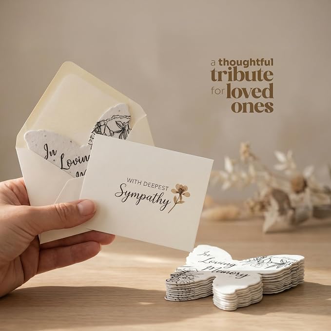 Plantable Memorial Gift Tags with Wildflower Seeds – 48 Pack Black & White Butterfly-Shaped Writable Gift Wrap Tags for Funeral Favors, Sympathy Gifts & Celebration of Life Keepsakes