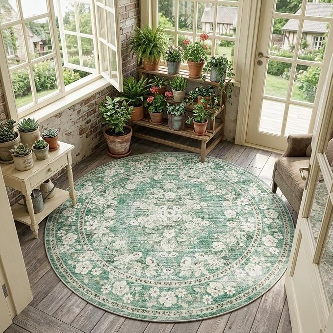 GarveeHome 5ft Washable Round Rug for Dining Room Vintage Bordered Carpet | Leaf Flower Floral Bedroom Throw Rug Distressed Botanical Non-Slip Low Pile Sage Green Area Rug for Living Room Office