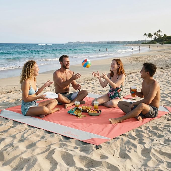 Wolfwise 78" × 108" XXL Beach Blanket, Waterproof & Sandproof Picnic Mat with 4 Sand Pockets & 4 Stakes, Windproof Outdoor Camping Beach Mat, Lightweight, Fits 6 People, Blue