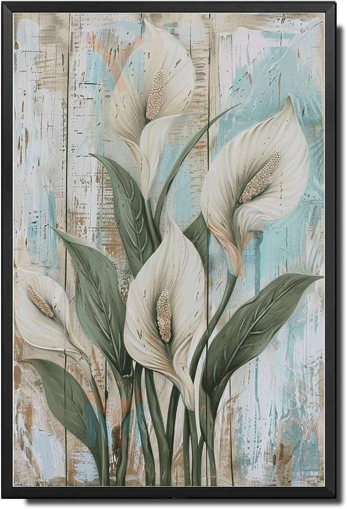 Metal Sign Tin Sign Vintage Shabby Chic Peace Lilies Tin Sign for Rustic Garden Art White Flower Lovers and Weather Resistant Toilet Decor Tin Sign for Bar 12×16 Inches with Metal Frame