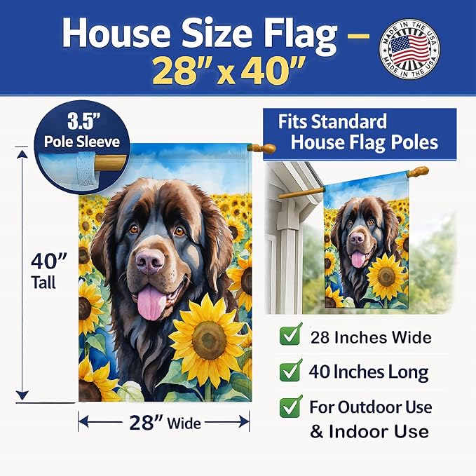 Caroline's Treasures DAC6124CHF Newfoundland in Sunflowers House Flag Large Porch Sleeve Pole Decorative Outside Yard Banner Artwork Wall Hanging, Polyester, House Size, Multicolor