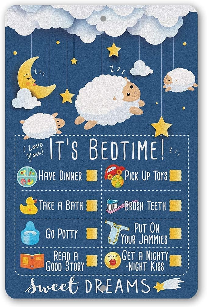 Child Bedtime - Cute Baby Room Decor, Baby Shower and Nursery Room Accessories, Good Night Moon Stars and Sheep, 8x12 Use Indoors or Outdoors Durable Metal Sign