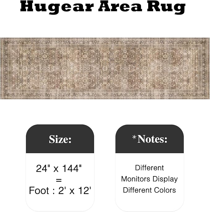 2x12 Brown Vintage Distressed Washable Runner Rug for Hallway | Low Pile, Non Slip, Retro Style, Soft Distressed Long Hallway Runner for Kitchen, Entryway, Laundry, Bedroom, Home Decor