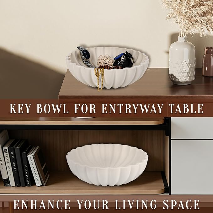 L'ARL GMVOI Large Decorative Bowl - Modern Handicraft Bowls for Home Decor - Fruit Bowl for Kitchen Counter - Key Bowl for Entryway Table - Ruffle Centerpiece Bowl Decor,Artificial Stone White