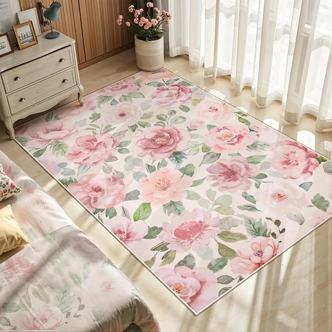 Lahome Beige Multi Floral Washable Rug 3x5 for Entryway and Bathroom | Soft Bedroom Rug, Ultra-Thin Home Decor Small Carpet for Kitchen, Kids Room, Office, College Dorm