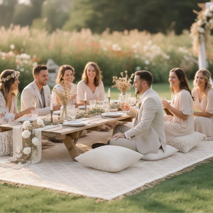Beeveer Extra Large Outdoor Boho Picnic Blanket 91'' x 71'' Beige White Table Runner 6 Throw Pillow Cover Woven Cotton Yarn Oversize Beach Blanket Washable for Picnic Camp Wedding