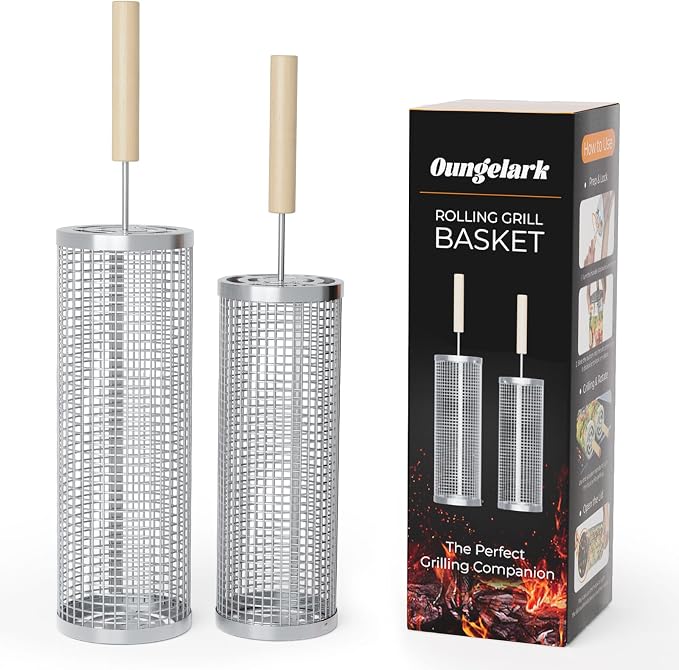 Rolling Grill Basket for Veggies, Heavy Duty 304 Stainless Steel BBQ Grilling Basket with Lock-Tight System, Removable Handles, Nesting Storage, Smoker Camping Accessories, Gifts for Men Dad Husband(2PCS)