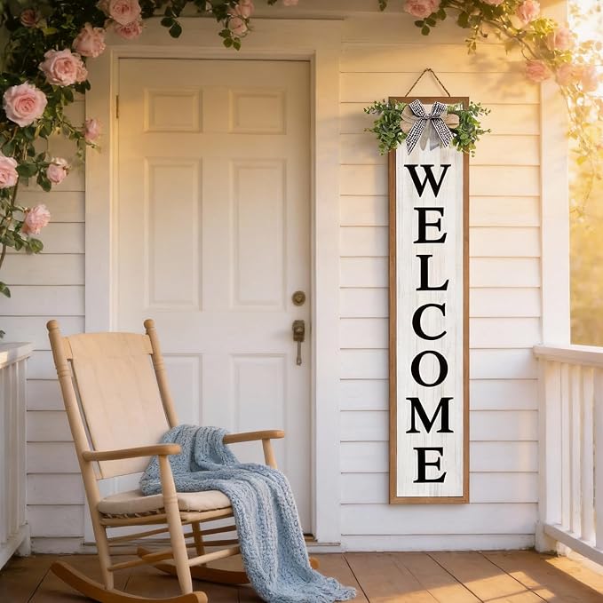 Welcome Sign for Front porch Standing 45"X9" Double-Sided Wood Frame Outdoor Tall Welcome Signs Vertical Decor for Farmhouse Rustic Home Modern Outside Front Door Wall Decorations