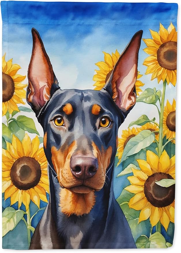 Caroline's Treasures DAC6068CHF Doberman Pinscher in Sunflowers House Flag Large Porch Sleeve Pole Decorative Outside Yard Banner Artwork Wall Hanging, Polyester, House Size, Multicolor