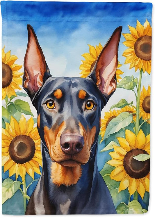 Caroline's Treasures DAC6068CHF Doberman Pinscher in Sunflowers House Flag Large Porch Sleeve Pole Decorative Outside Yard Banner Artwork Wall Hanging, Polyester, House Size, Multicolor