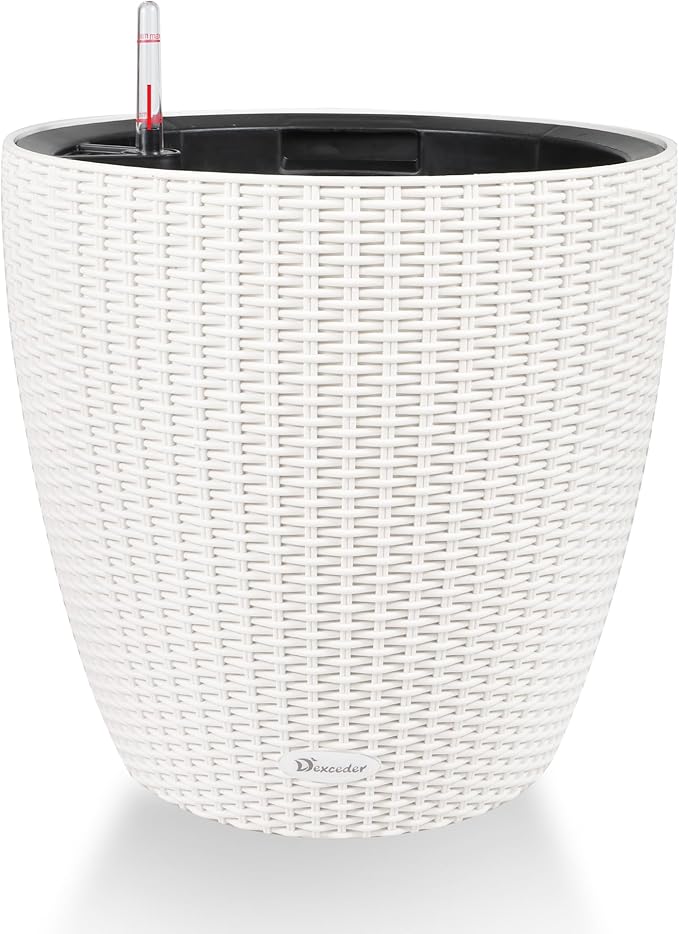 Dexceder 18x17 Self Watering Planter with Wheels (Ivory White Rattan) | Inner Pot Design, Thickened Table Flower Plant Pot with Water Level Indicator Indoor Outdoor