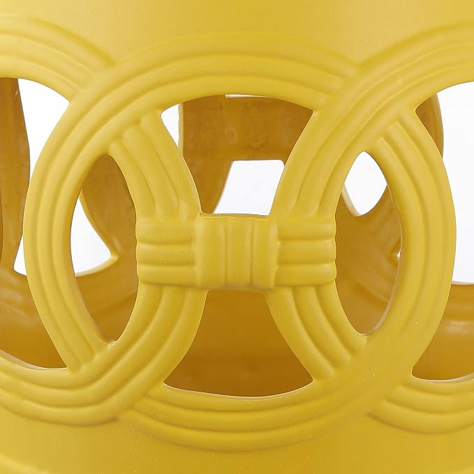 JONATHAN Y Lucky Coins 16" Ceramic Garden Stool, Contemporary Matte Yellow Cutout Interlocking Rings Drum Indoor/Outdoor Side Table and Plant Stand for Patio, Garden, Living Room TBL1022E