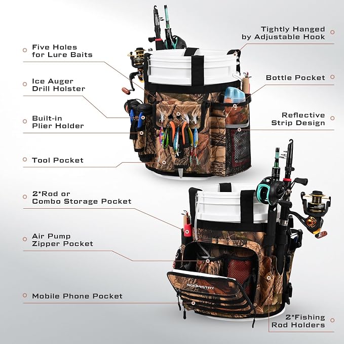 Boomistry Fishing Bucket Organizer for 5 Gallon Bucket, Brown Camo | 15 Multi-Pockets, 4 Built-in Rod Holder Storage, 3 Adjustable Buckles, for All Fishing Gear & Tackle Accessories