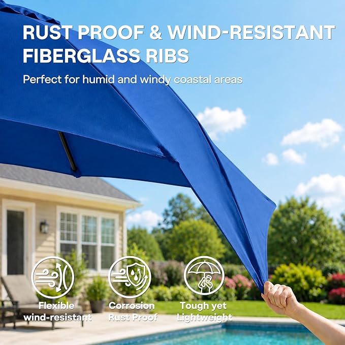 Sannwsg 9/10 FT Patio Umbrella Outdoor with 8 Premium Fiberglass Ribs, Push Button Tilt and Crank, UV Protection Table Market Umbrella for Pool, Porch, Garden, Deck, Backyard, Outside