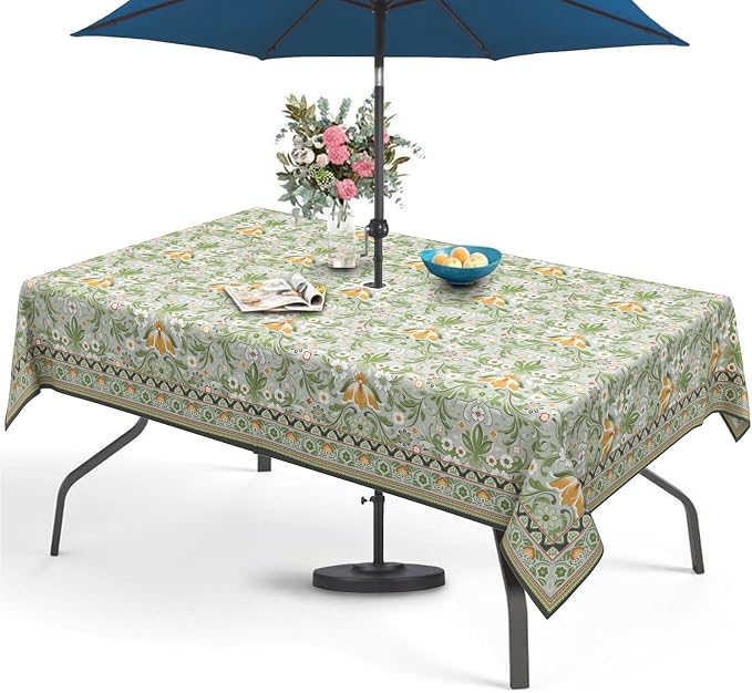 Green Outdoor Tablecloth with Umbrella Hole 60" x 120" Waterproof Zipper Table Cloth for Garden - Ideal Patio Table Cover for Picnics, Camping, and Yard Use