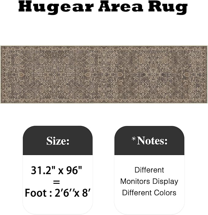 2'6''x8 Brown Vintage Floral Washable Runner Rug for Hallway | Low Pile, Non Slip, Retro Style, Soft Distressed Indoor Rug for Entrance, Kitchen, Bedroom, Laundry Room, Home Decor