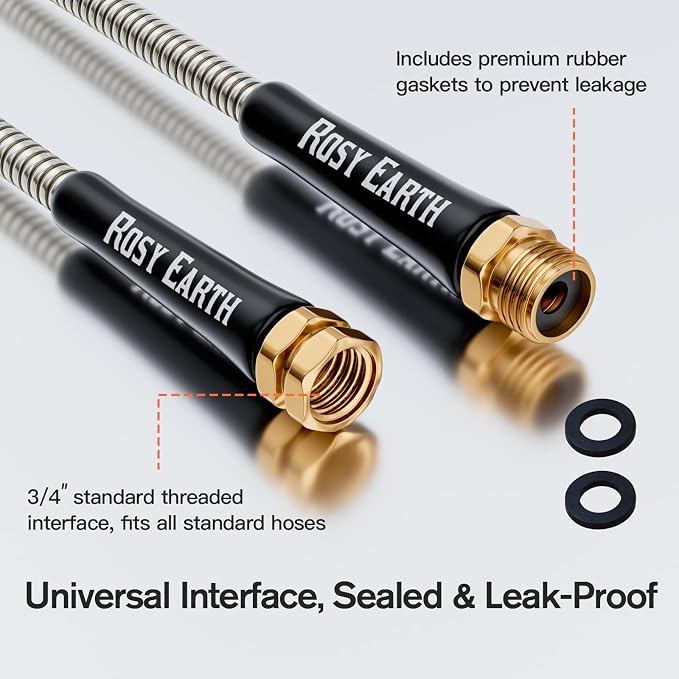 Rosy Earth 50ft Stainless Steel Garden Hose, Heavy Duty Metal Water Hose with 8 Functional Ultra-Wide Nozzle, No-Kink Outdoor Hoses Flexible Tough Water Hose Sprayer for Yard, RV
