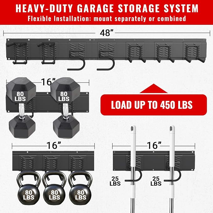 Garage Tool Organizer Wall Mount, Easy to 48inch Install Heavy-Duty Garage Storage System with 7 Adjustable Hooks, Garden Tool Rack for Shovels, Rakes, Yard Tools