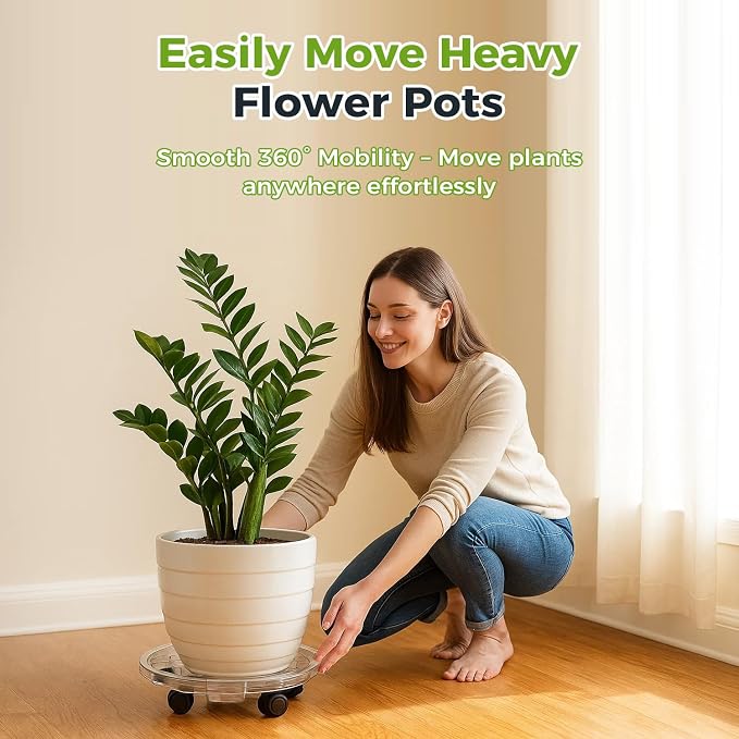 4 Packs 13 Inches Large Clear Plant Caddy Plant Saucers on Wheels Rolling Plant Stands Heavy-duty Plant Dolly Plastic Planter Roller Base Pot Movers Outdoor Plant Tray Coaster