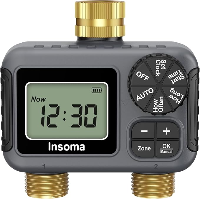 Insoma 2 Outlets Sprinkler Timer with Brass Inlet & Outlet, Water Timer for Garden Hose with Auto/Manual Modes + Rain Delay, Hose Timers for Garden, Yard Lawn, IPX5 Waterproof & Save Water