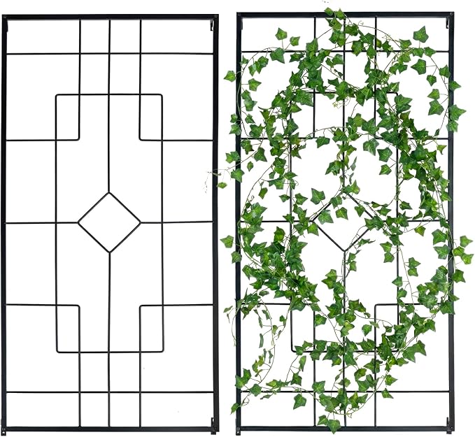 MyGift Wall Mounted Garden Trellis, 3.9 ft Black Metal Geometric Vintage Art Deco Lattice Frames for Climbing Plants and Vines