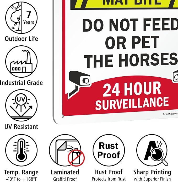 SmartSign 14 x 10 inch “Private Property - Horses May Bite, Do Not Feed Or Pet The Horses, 24 Hour Surveillance” Metal Sign, 40 mil Laminated Rustproof Aluminum, Multicolor, Made in USA