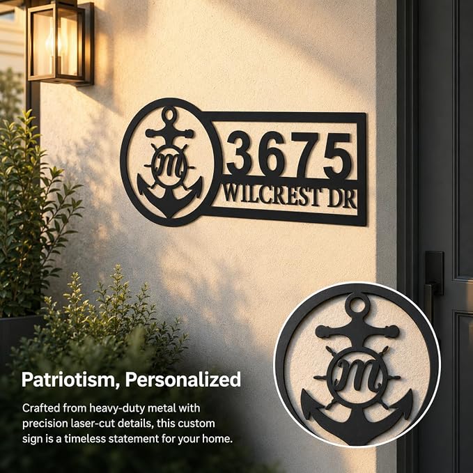 Custom Metal Address Sign Personalized House Number Plaque with Anchor Monogram Nautical Outdoor Address Marker for Front Door Porch Yard Gate Fence Wall Decor