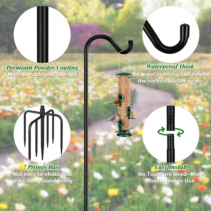 FEED GARDEN Shepards Hooks for Outdoor Bird Feeder Pole 92 Inch Adjustable Tall Heavy Duty Shepherds Hooks for Hanging Plant Baskets, Solar Lights, Wedding Decor, Lanterns, Black (2 Pack)