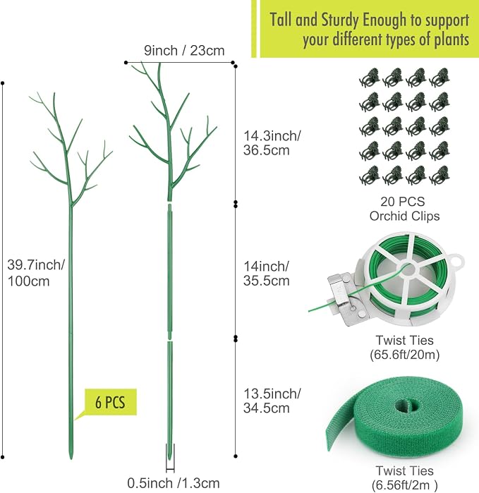 6 Pack Plant Support Stakes for Indoor Plants, 39.37 Inch Tall Twig Plant Sticks with Orchid Clips Twist Ties and Plant Ties for House Potted Monstera Plants Support, Green