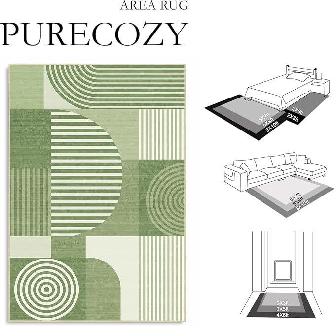 8x10 Area Rug for Living Room Green Geometric Rug Machine Washable Minimalist Line Mid Century Modern Area Rugs Non Slip Low Pile Large Dining Room Indoor Floor Carpet for Bedroom Kitchen Office,Green