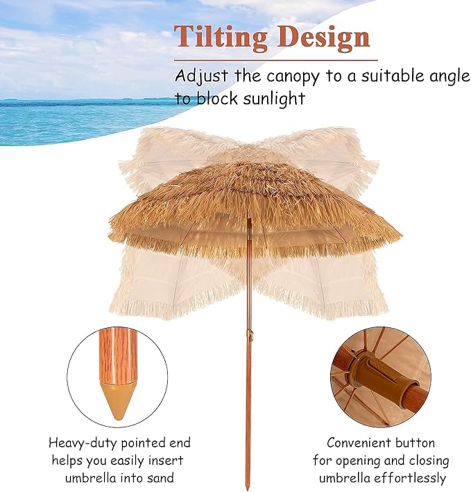 Giantex Thatched Tiki Umbrella, Hawaiian Style Patio Grass Umbrella with 8 Ribs & Tilt Adjustment, Outdoor Portable Beach Sunshade for Yard, Garden & Poolside
