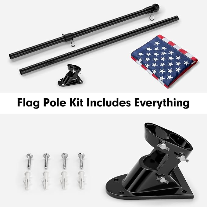 3x5 American Flag with Pole for House, 7FT Flag Pole Kit with us flag 3x5 heavy duty outdoor indestructible, Tangle Free Flag Pole with Bracket for Residential, Commercial, Outdoors Garden, Black