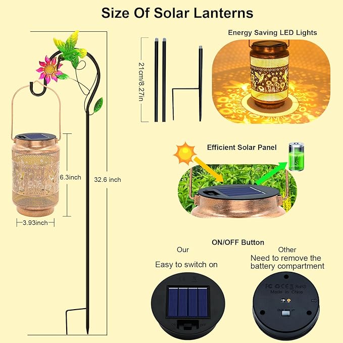 Gifts for Mom, Solar Lanterns Outdoor, Mother Birthday Gift from Daughter Son, Metal Solar Hanging Hummingbird Lights with Shepherd Hook for Outside Garden Yard Patio Pathway