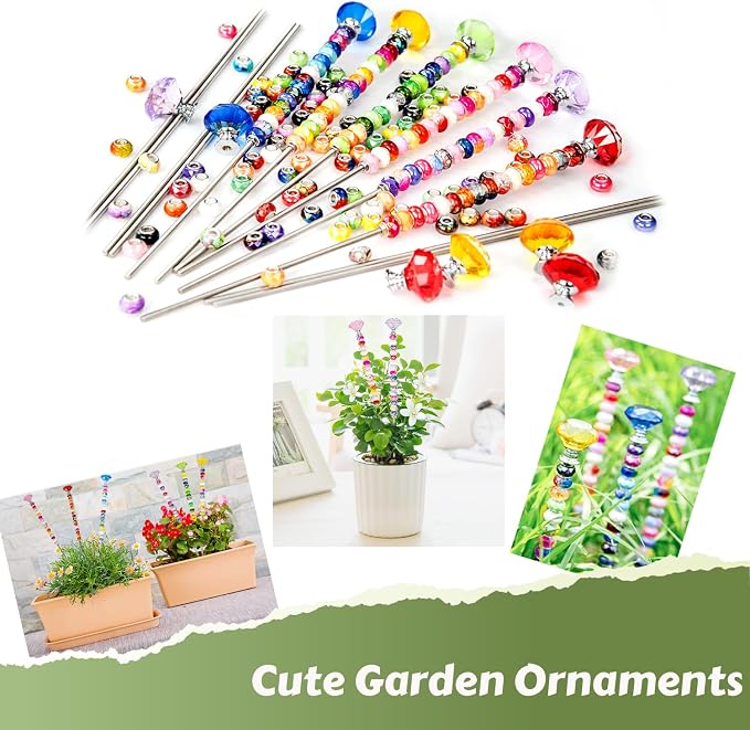 Prefdo 236 PCS Decorative Garden Stakes DIY Fairy Wand Beaded Kit | Diamond Stopper Tops, 12 In Threaded Rod, 200 Colorful Beads, Indoor Outdoor Plant Flower Pot Décor