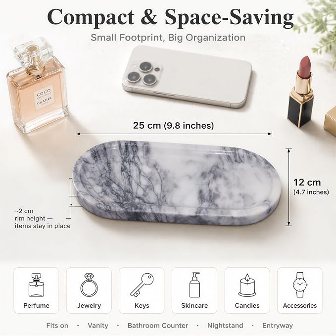 Calcatta Pink Marble Vanity Tray for Bathroom Counter, 10"x5" Decorative Tray for Perfume, Candles, Stone Jewelry Dish Tray