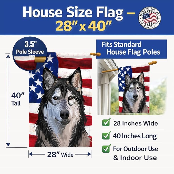 Caroline's Treasures CK6734CHF Tamaskan Dog American Flag House Flag Large Porch Sleeve Pole Decorative Outside Yard Banner Artwork Wall Hanging, Polyester, House Size, Multicolor