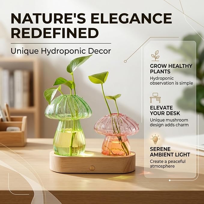 LED Mushroom Glass Propagation Vase with Wooden Base, Hydroponic Plant Holder, Ambient Night Light for Desk, Bedroom & Living Room, Cute Home Decor Gift for Plant Lovers