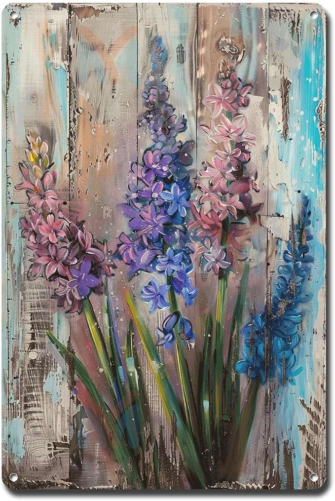 Metal Sign Tin Sign Vintage Wall Art Vintage Hyacinths Tin Sign for Rustic Wall Art Shabby Chic Style and Corrosion Resistant Aluminum Minimalist Wall Art for Restaurant 8×12 Inches