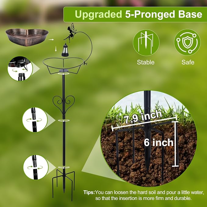 Solar Metal Heart-Shaped Bird Bath for Outdoors, Removable Vintage Freestanding 135 fl oz Bowl with Upgraded 5-Pronged Base & Fairy Lantern, Birdbaths for Garden Yard Lawn Decor Romantic Gifts