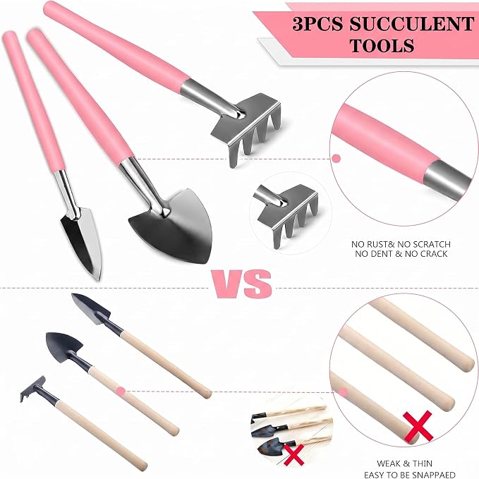 Succulent Tools, 13 Pcs Mini Garden Tool Set, Transplanting Tools Set,Succulent Care kit for Succulent Miniature Gardening Plant, Pink