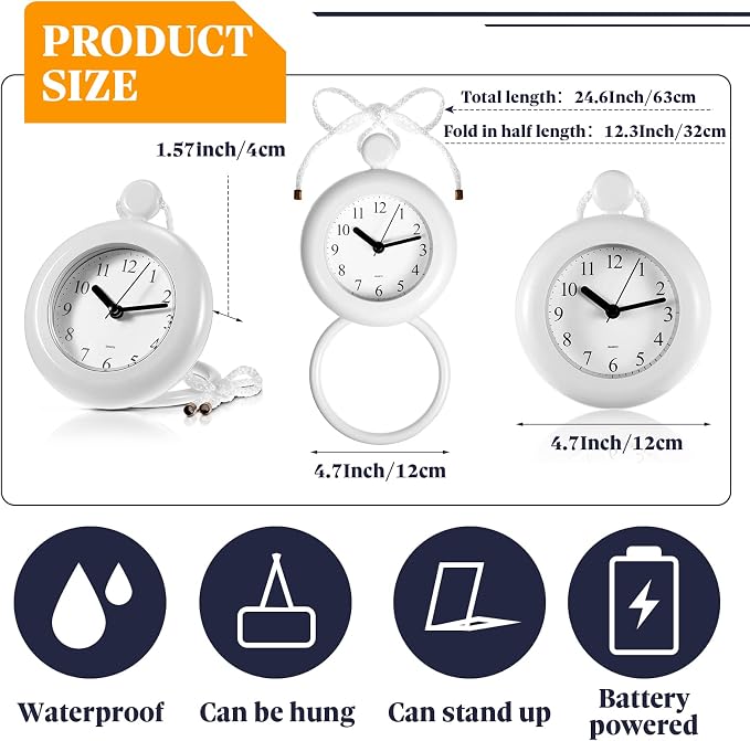 Weewooday Waterproof Bathroom Clock Small Digital White Shower Wall Clock with Easy Reading Face for Bathroom Pool Supplies(Lanyard)