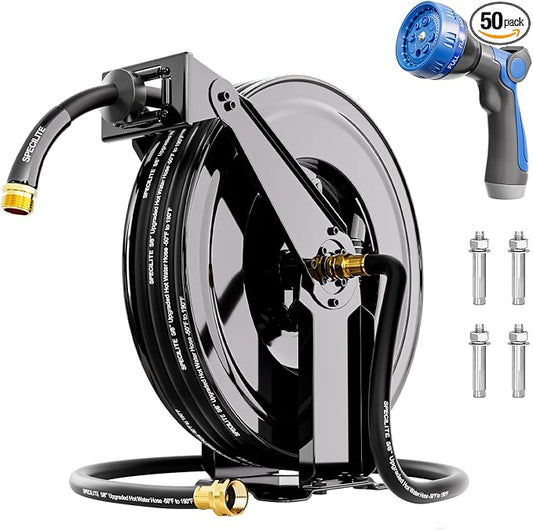 SPECILITE Retractable Hose Reel with 5/8'' Hot/Cold Garden Water Pipe 50ft, -50℉ -190℉, Heavy Duty Metal Wall Mount Spool, with 6ft Lead Hoses, Nozzle, 3/4'' Brass Fittings for Garage, Yard, Black