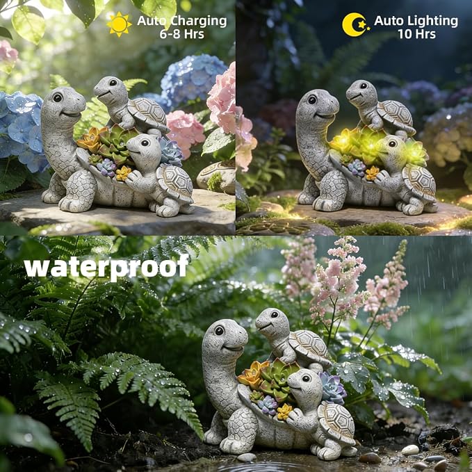 basen Solar Turtle Garden Statue with LED Succulent Lights, Resin Outdoor Tortoise Family Figurine, Waterproof Yard Lawn Patio Decor, Cute Animal Sculpture for Porch, Backyard, Gift