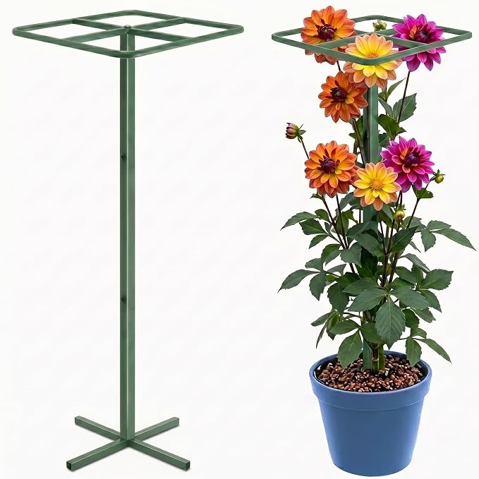 61" Adjustable Plant Trellis, Square Top, Green | Square top support design. Anti-tipping base sits inside pot. Modular heavy duty iron.