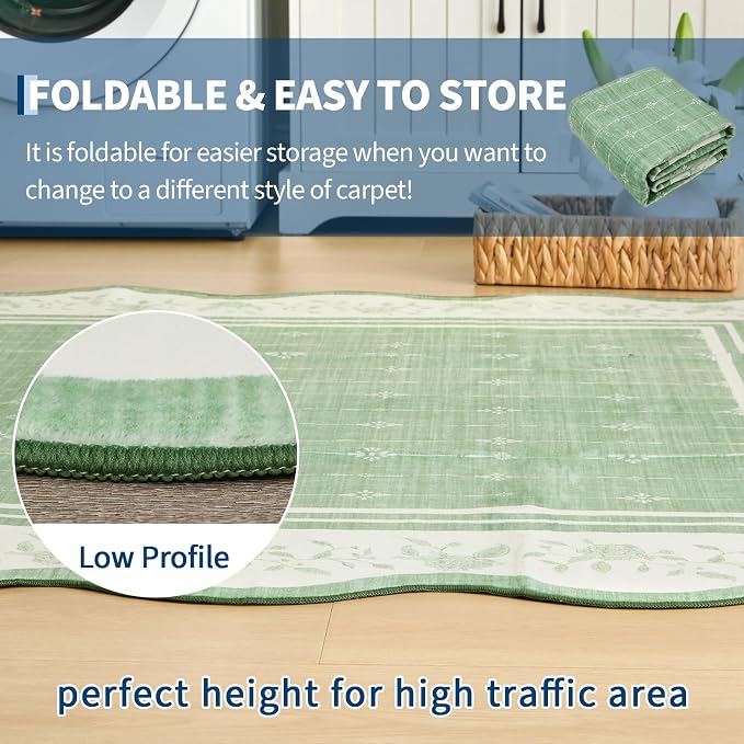 Garvee 2x6 Runner Rug Scalloped Kitchen Runner Rug Entryway Runners Green | Washable Non Slip Modern Bordered Foldable Thin Accent Carpet Low Pile Soft Nursery Rugs for Hallway Bathroom Bedside Laundry