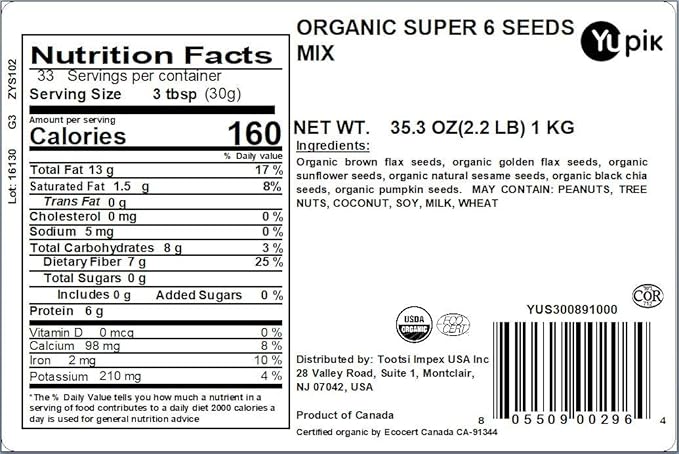 Yupik Organic Super 6 Seeds Mix, 2.2 lb (35.2 oz), GMO-Free, Kosher, Vegan, Rich in Fiber, Nutritious Raw Snack & Topping, With Brown & Golden Flax Seeds, Sunflower, Sesame, Chia & Pumpkin